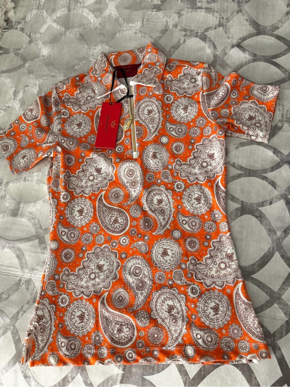 Paisley Short-Sleeve Polo Blouse in Orange
